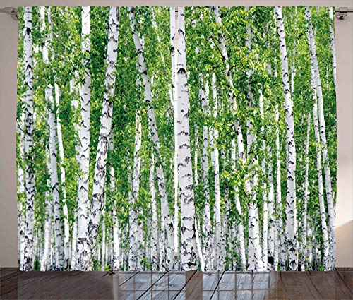 ABAKUHAUS Birke Rustikaler Gardine, Frische Sommer-Blätter, Schlafzimmer Kräuselband Vorhang mit Schlaufen und Haken, 280 x 225 cm, Grün, Weiß, Schwarz von ABAKUHAUS