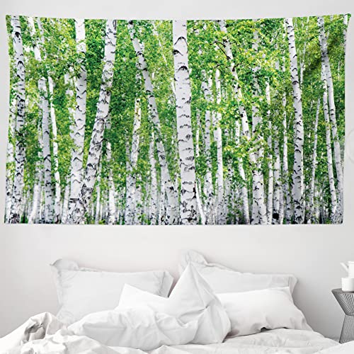 ABAKUHAUS Birke Wandteppich und Tagesdecke, Frische Sommer-Blätter aus Weiches Mikrofaser Stoff Waschbar ohne Verblassen Digitaldruck, 230 x 140 cm, Grün Weiß Schwarz von ABAKUHAUS