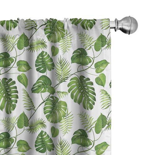 ABAKUHAUS Blätter Vorhänge 2er-Pack, Monstera und Farn Laub Komposition mit Reben Hawaii Tropical Sommer Natur, Vorhang für Wohnzimmer Schlafzimmer, 4 Stück 75 cm x 175 cm, Grün Hellgrün Weiß von ABAKUHAUS