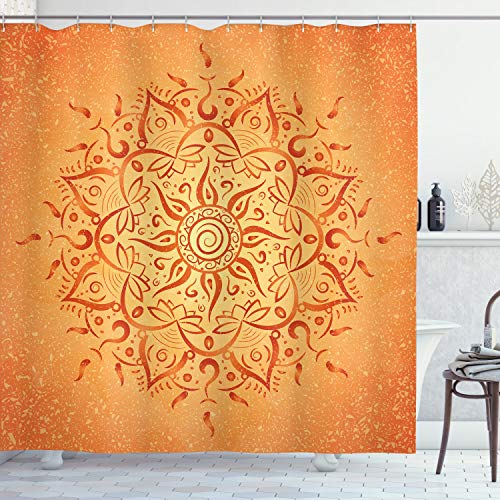 ABAKUHAUS Blatt Duschvorhang, Orange Mandala, Stoffliches Gewebe Badezimmerdekorationsset mit Haken, 175 x 200 cm, Orange von ABAKUHAUS