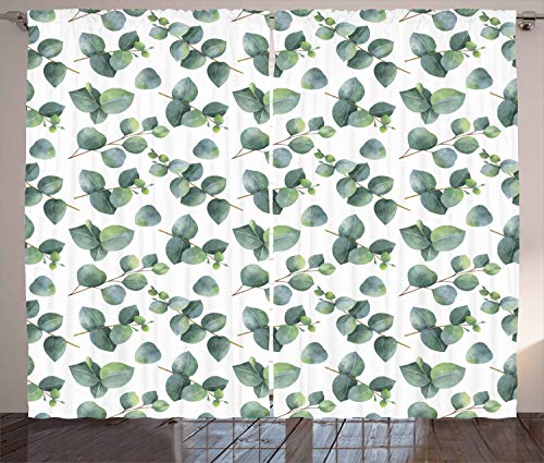 ABAKUHAUS Blatt Rustikaler Gardine, Aquarell Eucalyptus Kunst, Schlafzimmer Kräuselband Vorhang mit Schlaufen und Haken, 280 x 175 cm, Hellbraun Grün von ABAKUHAUS