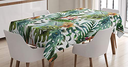 ABAKUHAUS Blatt Tischdecke, Palme Blumen Hibiscus, Pflegeleicht mit Modernster Druck Technologie Waschbar und Personalisiert, 140 x 200 cm, Blasser Karamell Bordeauxrot und Grün von ABAKUHAUS