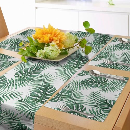ABAKUHAUS Blatt Tischläufer & 4 Stück Tischsets, Mango-Bananen-Baum-Blätter in der tropischen Wilden Safari-Insel-Dschungel-Bild-Grafik, Tischdeko-Set, 180 x 40 cm, Jägergrün Weiß von ABAKUHAUS