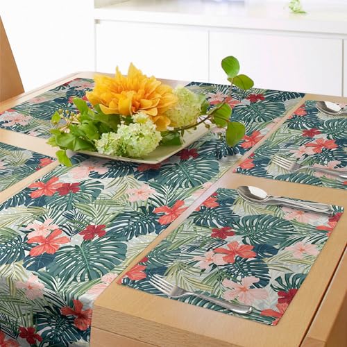 ABAKUHAUS Blatt Tischläufer & 4 Stück Tischsets, Sommer-Strandurlaub unter dem Motto Hibiscus Plumeria Crepe Ginger Flowers, Tischdeko-Set, 180 x 40 cm, Dunkelgrün Grün ABAKUHAUS Blatt Tischläufer & 4 Stück Tischsets, Sommer-Strandurlaub unter dem Motto Hibiscus Plumeria Crepe Ginger Flowers, Tischdeko-Set, 180 x 40 cm, Dunkelgrün Grün von ABAKUHAUS