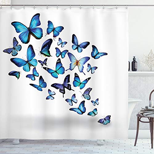 ABAKUHAUS Schmetterling Duschvorhang, Natur Botanischer Frühling, Stoffliches Gewebe Badezimmerdekorationsset mit Haken, 175 x 240 cm, Blue Sky Blau Schwarz von ABAKUHAUS