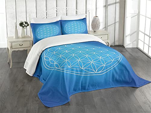 ABAKUHAUS Blau Tagesdecke Set, Blume des Lebens, Set mit Kissenbezügen Sommerdecke, für Einzelbetten 170 x 220 cm, Weiß Blau von ABAKUHAUS