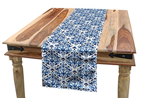 ABAKUHAUS Blau Tischläufer, Indigo-viktorianischer Entwurf, Esszimmer Küche Rechteckiger Dekorativer Tischläufer, 40 x 225 cm, Benzinblau Türkis und Weiß von ABAKUHAUS