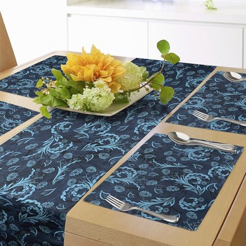 ABAKUHAUS Blau Tischläufer & 4 Stück Tischsets, Abstrakte Damast inspirierte Curvy Flower Figures Ornate Flourish Royal Revival Retro, Tischdeko-Set, 180 x 40 cm, Indigo Aqua ABAKUHAUS Blau Tischläufer & 4 Stück Tischsets, Abstrakte Damast inspirierte Curvy Flower Figures Ornate Flourish Royal Revival Retro, Tischdeko-Set, 180 x 40 cm, Indigo Aqua von ABAKUHAUS