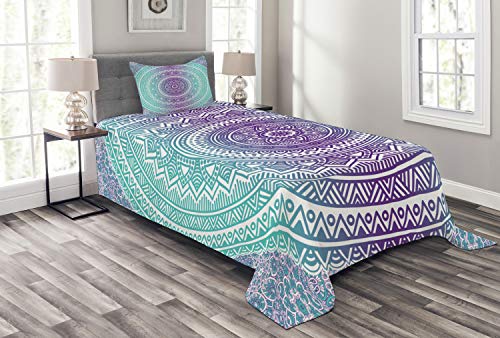 ABAKUHAUS Blau und Lila Tagesdecke Set, Hippie-Mandala, Set mit Kissenbezug Sommerdecke, für Einzelbetten 170 x 220 cm, Lila von ABAKUHAUS