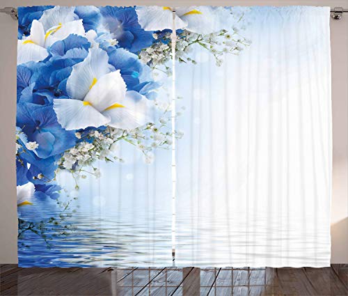 ABAKUHAUS Blau und weiß Rustikaler Vorhang, Hortensien Iris, Wohnzimmer Universalband Gardinen mit Schlaufen und Haken, 280 x 260 cm, Gelb Weiß von ABAKUHAUS