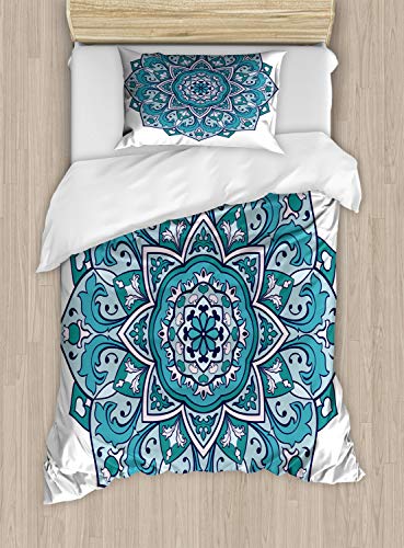 ABAKUHAUS Blauer Mandala Bettbezugs Set für Einzelbetten, Curly Osten Blume, Milbensicher Allergiker geeignet mit Kissenbezug, 130 x 200 cm, Grün Teal ABAKUHAUS Blauer Mandala Bettbezugs Set für Einzelbetten, Curly Osten Blume, Milbensicher Allergiker geeignet mit Kissenbezug, 130 x 200 cm, Grün Teal von ABAKUHAUS