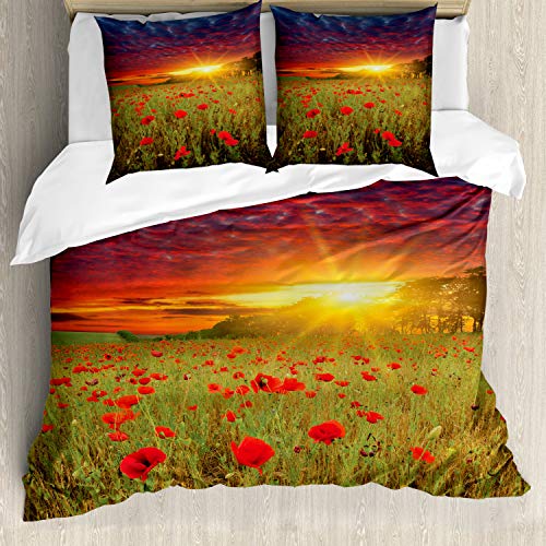 ABAKUHAUS Blume Bettbezug Set, Wiese Poppies Himmel, Milbensicher Allergiker geeignet mit Kissenbezügen, 155 cm x 200 cm - 80 x 80 cm, Grüner Scarlet Kadett-Blau von ABAKUHAUS