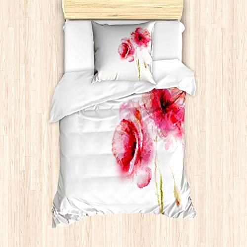 ABAKUHAUS Blume Bettbezug Set für Einzelbetten, Rote Mohnblumen Vivid Frühling, Milbensicher Allergiker geeignet mit Kissenbezug, Hellgrün Pink von ABAKUHAUS