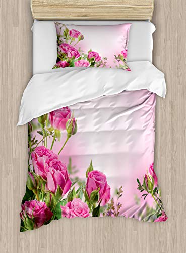 ABAKUHAUS Blume Bettbezug Set für Einzelbetten, Spring Season Rosen Knospen, Milbensicher Allergiker geeignet mit Kissenbezug, 130 x 200 cm - 70 x 50 cm, Rosa und Grün von ABAKUHAUS