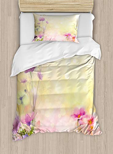 ABAKUHAUS Blume Bettbezug Set für Einzelbetten, Vintage Magnolien-Blüte, Milbensicher Allergiker geeignet mit Kissenbezug, 130 x 200 cm - 70 x 50 cm, Rosa Blassgelb von ABAKUHAUS