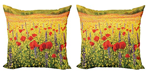 ABAKUHAUS Blume Dekokissen Kissenbezug 2er Pack, Feld mit Mohnblumen Farm, Modern Accent Doppelseitiger Digitaldruck, 50x50, Grün Gelb von ABAKUHAUS