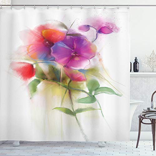 ABAKUHAUS Floral Duschvorhang, Blühende Orchidee Pastell, Stoffliches Gewebe Badezimmerdekorationsset mit Haken, 175 x 180 cm, Mehrfarbig von ABAKUHAUS