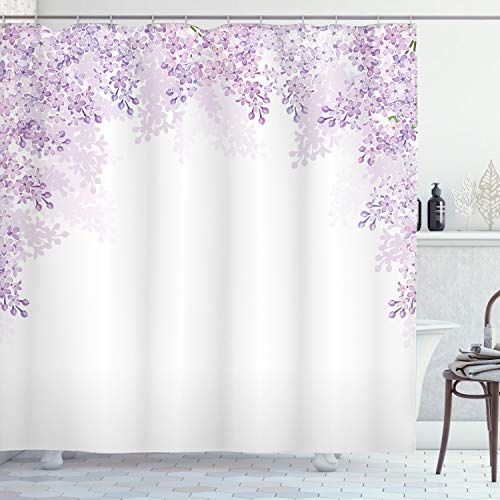 ABAKUHAUS Blume Duschvorhang, Lila Blüten Frühling, Stoffliches Gewebe Badezimmerdekorationsset mit Haken, 175 x 180 cm, Pale Mauve Lavendel von ABAKUHAUS