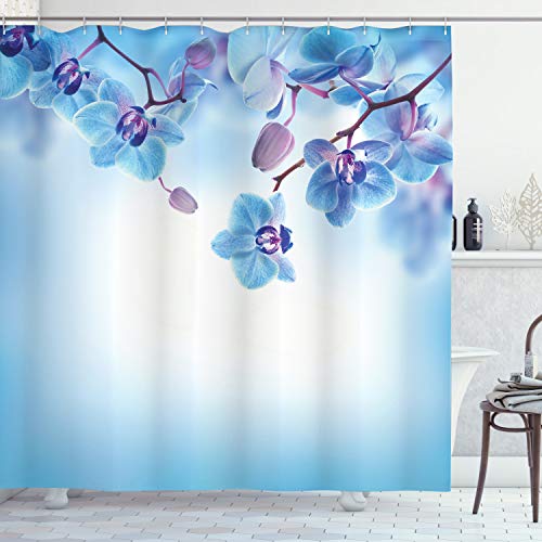 ABAKUHAUS Blume Duschvorhang, Orchideen Natur, Stoffliches Gewebe Badezimmerdekorationsset mit Haken, 175 x 240 cm, Blau und Lila von ABAKUHAUS