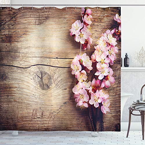 ABAKUHAUS Blume Duschvorhang, Spring Blossom auf Holz, Stoffliches Gewebe Badezimmerdekorationsset mit Haken, 175 x 180 cm, Rosa von ABAKUHAUS