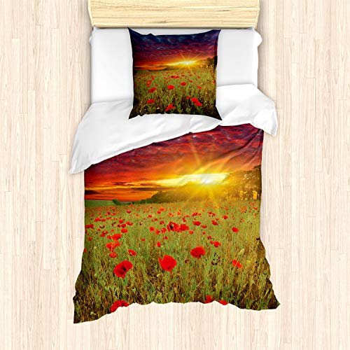 ABAKUHAUS Blume Bettbezug Set, Wiese Poppies Himmel, Milbensicher Allergiker geeignet mit Kissenbezügen, 135 cm x 200 cm - 80 x 80 cm, Grüner Scarlet Kadett-Blau von ABAKUHAUS