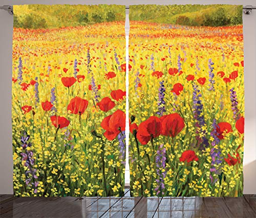 ABAKUHAUS Blume Rustikaler Gardine, Feld mit Mohnblumen Farm, Schlafzimmer Kräuselband Vorhang mit Schlaufen und Haken, 280 x 245 cm, Scharlachrot Gelb von ABAKUHAUS