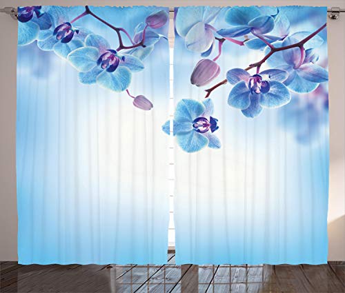 ABAKUHAUS Blume Rustikaler Gardine, Orchideen Natur, Schlafzimmer Kräuselband Vorhang mit Schlaufen und Haken, 280 x 175 cm, Blau Lila von ABAKUHAUS