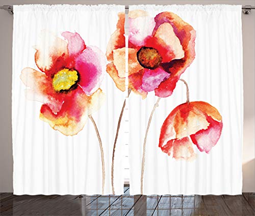 ABAKUHAUS Blume Rustikaler Vorhang, blühender Mohn, Wohnzimmer Universalband Gardinen mit Schlaufen und Haken, 280 x 245 cm, Weiß Rot von ABAKUHAUS