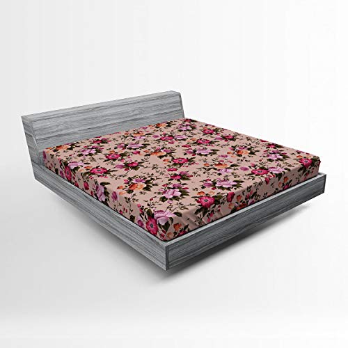 ABAKUHAUS Blume Spannbetttuch, Blumenmuster mit Rose, Soft Dekorativer Stoff Bettwäsche Rund-um Elastischer Gummizug, 140 x 200 cm, Dunkelgrün Rosa von ABAKUHAUS