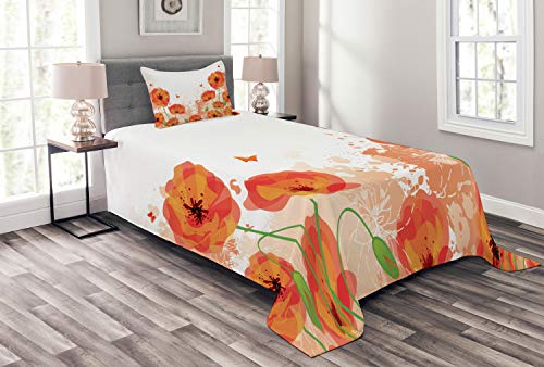 ABAKUHAUS Blume Tagesdecke Set, Braut Aquarell-Kunst, Set mit Kissenbezügen Waschbar, für Einselbetten 170 x 220 cm, Weiß Rot von ABAKUHAUS