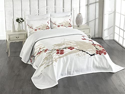 ABAKUHAUS Grunge Tagesdecke Set, Japan Sakura Blumen, Set mit Kissenbezügen Waschbar, für Doppelbetten 220 x 220 cm, Beige Weiß von ABAKUHAUS