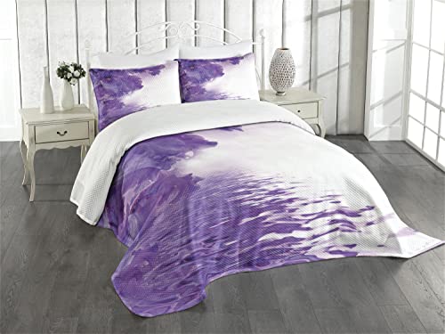 ABAKUHAUS Blume Tagesdecke Set, Magische Iris Blütenblätter, Set mit Kissenbezügen Mit Digitaldruck, für Doppelbetten 220 x 220 cm, Violett Weiß von ABAKUHAUS