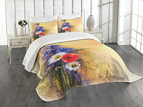 ABAKUHAUS Blume Tagesdecke Set, Mohn Kamille Frühling, Set mit Kissenbezug Weicher Stoff, für Einzelbetten 170 x 220 cm, Braun Grau von ABAKUHAUS