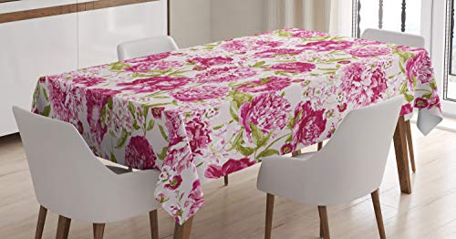 ABAKUHAUS Blume Tischdecke, Pfingstrosen und Blattblumen, Schmutzabweisend Pflegeleicht Waschbar Druck Mit Klaren Farben ohne Verblassen, 140 x 170 cm, Olivengrün Weiß Rosa von ABAKUHAUS