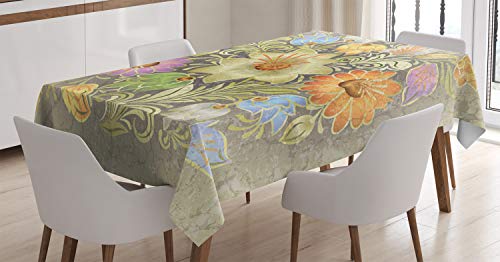 ABAKUHAUS Blume Tischdecke, Weinlese-Blumenstrauß-Braut, Personalisierter Druck Klare Farben ohne Verblassen Waschbar für Außen Bereich, 140 x 240 cm, Beige Grau von ABAKUHAUS