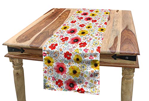 ABAKUHAUS Blume Tischläufer, Frühling Mohnblumen-Kunst, Esszimmer Küche Rechteckiger Dekorativer Tischläufer, 40 x 225 cm, Dunkle Koralle Braun Gelb von ABAKUHAUS