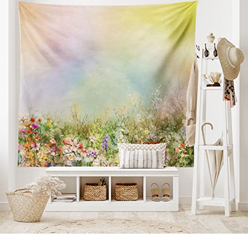 ABAKUHAUS Blumen Wandteppich und Tagesdecke, Frühlings-Blumen-Natur aus Weiches Mikrofaser Stoff Waschbar ohne Verblassen Digitaldruck, 230 x 140 cm, Grün Gelb von ABAKUHAUS