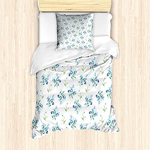 ABAKUHAUS Blumen Bettbezug Set für Einzelbetten, Blumen Vergissmeinnicht-Kunst, Milbensicher Allergiker geeignet mit Kissenbezug, 135 cm x 200 cm - 80 x 80 cm, Pale Sky Blue Multicolor von ABAKUHAUS