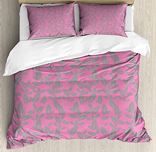 ABAKUHAUS Blumen Bettbezug Set für Einzelbetten, Große graue Blumen Blütenblätter, Milbensicher Allergiker geeignet mit Kissenbezug, 130 x 200 cm - 70 x 50 cm, Rosa und Grau von ABAKUHAUS