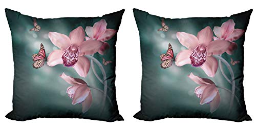 ABAKUHAUS Blumen Dekokissen Kissenbezug 2er Pack, Orchideen-Blume Schmetterling, Modern Accent Doppelseitiger Digitaldruck, 40x40, Jadegrün Baby von ABAKUHAUS