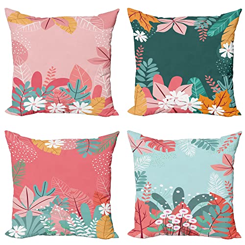 ABAKUHAUS Blumen Dekokissen Kissenbezug 4er Pack, Frühlingsblühende Gartenblüte Modern Accent Doppelseitiger Digitaldruck, 40 cm x 40 cm, Rosa Dunkelgrün und Babyblau von ABAKUHAUS