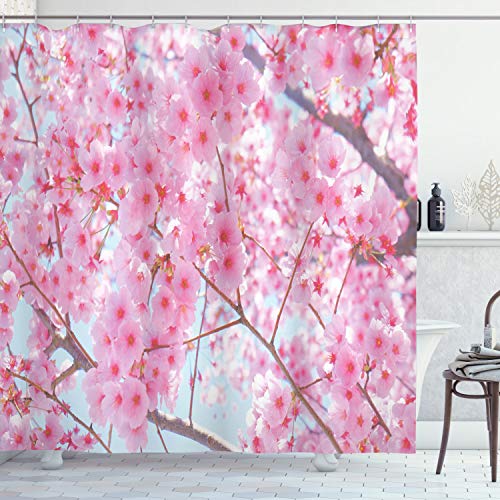 ABAKUHAUS Blumen Duschvorhang, Japanische Sakura Blumen, Stoffliches Gewebe Badezimmerdekorationsset mit Haken, 175 x 180 cm, Baby Pink von ABAKUHAUS