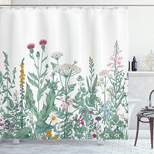 ABAKUHAUS Blumen Duschvorhang, Kerbel Moschusmalve, Stoffliches Gewebe Badezimmerdekorationsset mit Haken, 175 x 180 cm, Mehrfarbig von ABAKUHAUS