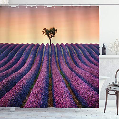 ABAKUHAUS Blumen Duschvorhang, Lavendel-Blumen-Feld, Stoffliches Gewebe Badezimmerdekorationsset mit Haken, 175 x 200 cm, Lila von ABAKUHAUS