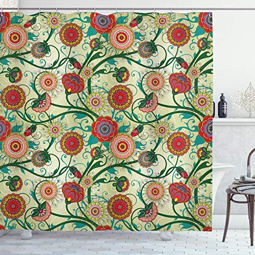 ABAKUHAUS Blumen Duschvorhang, Oriental Inspirations, Stoffliches Gewebe Badezimmerdekorationsset mit Haken, 175 x 240 cm, Mehrfarbig von ABAKUHAUS