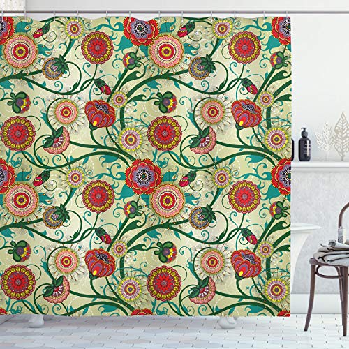 ABAKUHAUS Blumen Duschvorhang, Oriental Inspirations, Stoffliches Gewebe Badezimmerdekorationsset mit Haken, 175 x 220 cm, Mehrfarbig von ABAKUHAUS