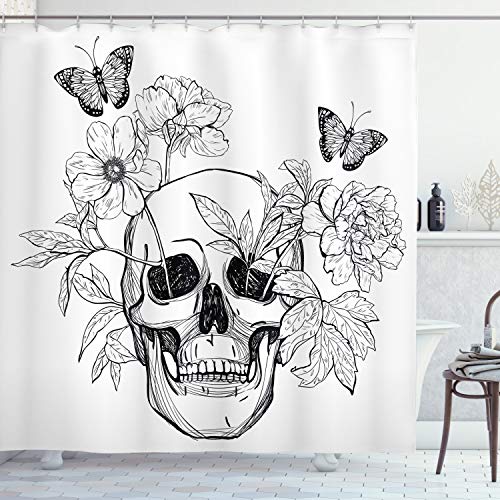 ABAKUHAUS Totenkopf Duschvorhang, Schädel Schmetterlinge, Stoffliches Gewebe Badezimmerdekorationsset mit Haken, 175 x 220 cm, Schwarz und weiß von ABAKUHAUS