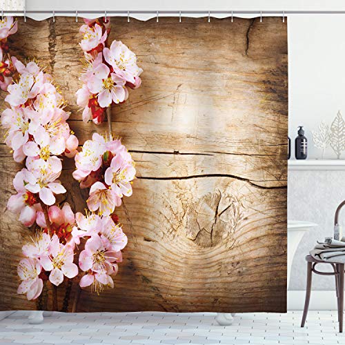 ABAKUHAUS Blumen Duschvorhang, Spring Blossom Orchard, Stoffliches Gewebe Badezimmerdekorationsset mit Haken, 175 x 220 cm, Sand Braun Hellrosa von ABAKUHAUS