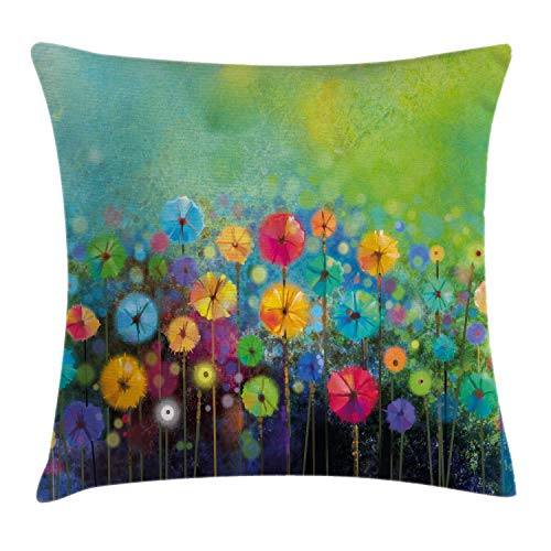 ABAKUHAUS Blumen Kissenbezug, Bunter Löwenzahn, Wasser und Schmutz resistent Waschbar Beidseitiger Druck mit Reißverschluß, 40 x 40 cm, Grün Gelb Blau von ABAKUHAUS