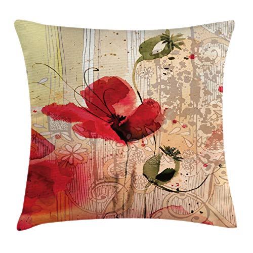 ABAKUHAUS Blumen Kissenbezug, Retro Blumenmuster, mit Reißverschluss Waschbar Beidseitiger Digitaldruck Klare Farben Hochwertige Stoff, 60 x 60 cm, Beige Rot von ABAKUHAUS